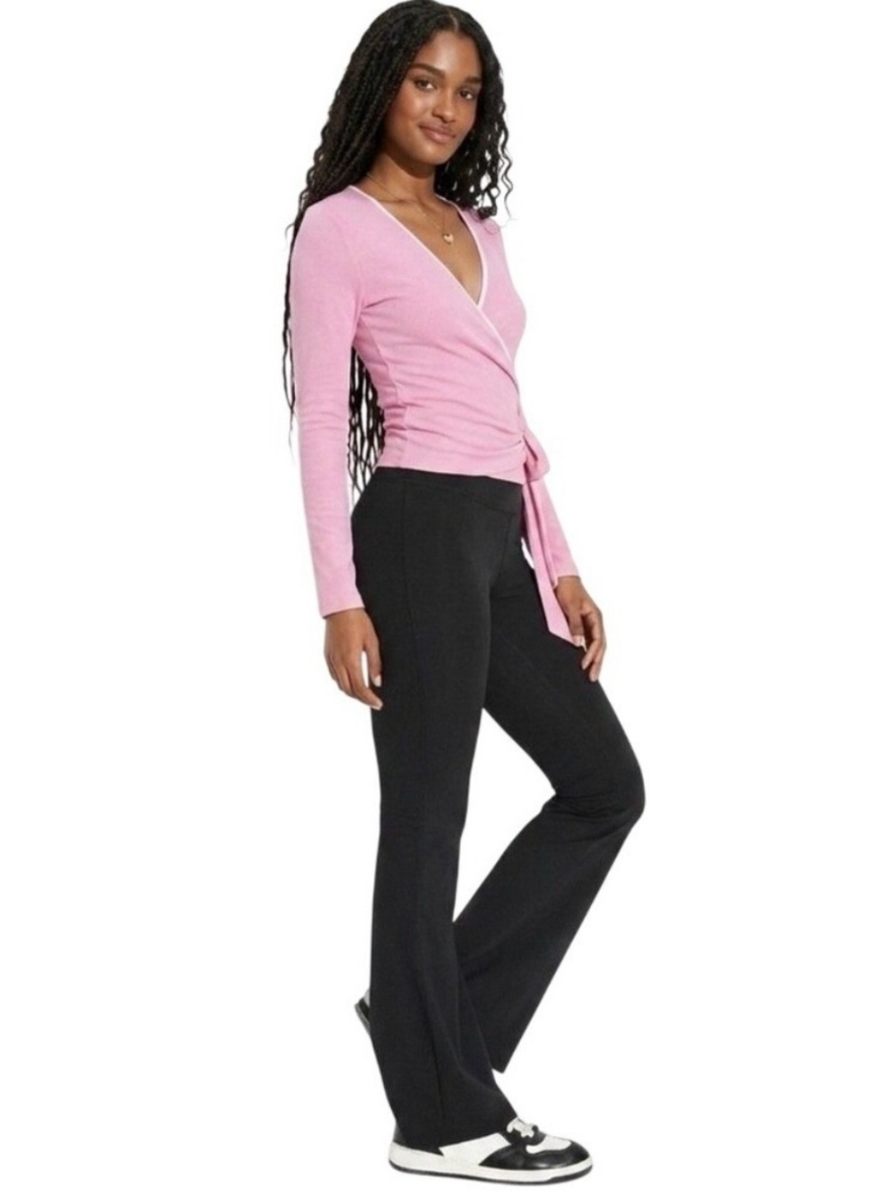 Coquette Balletcore Set Black High Waist Flare Leggings & Baby Pink Wrap Top XS
